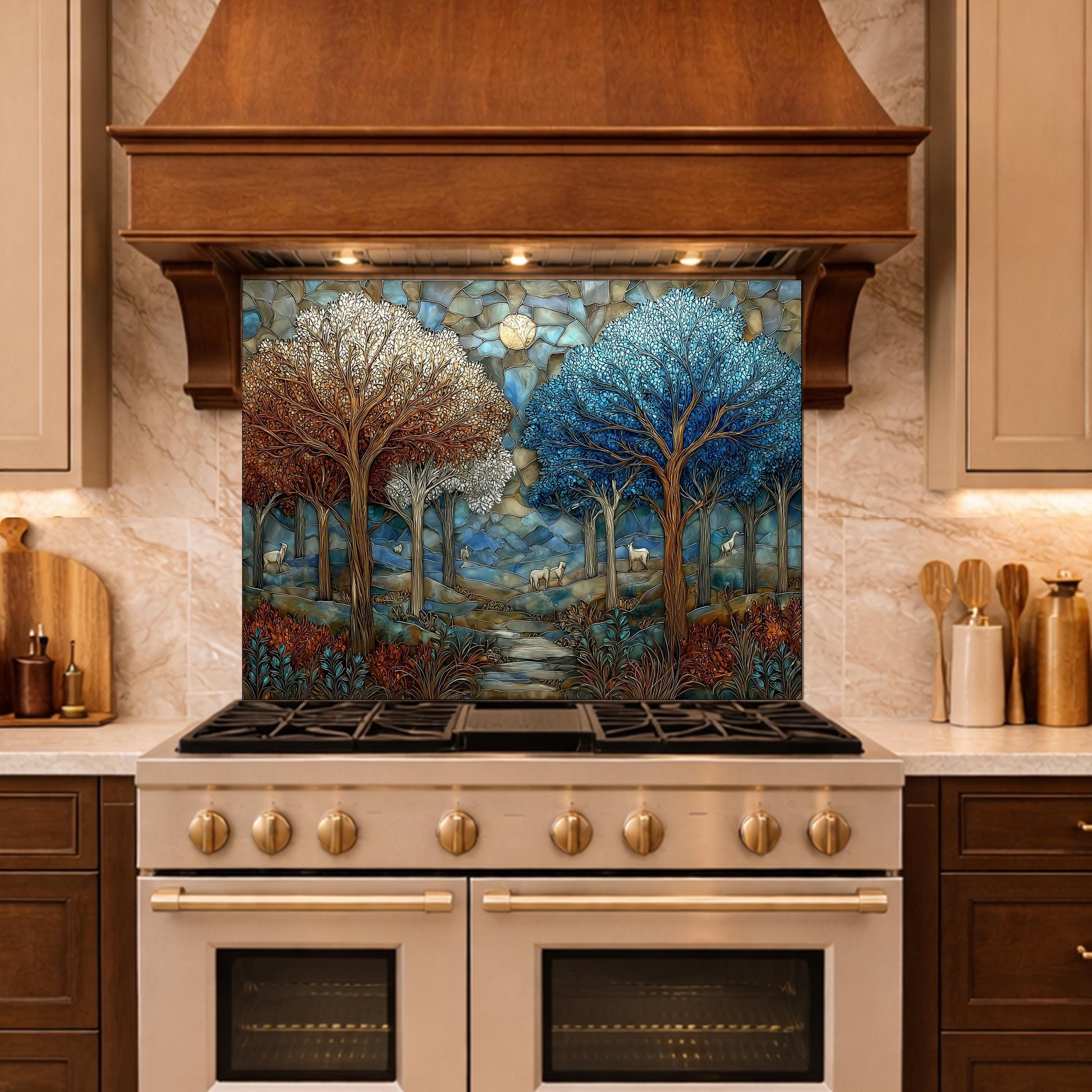 Stained Glass Forest Backsplash, Deer Mountain Landscape Kitchen Wall Art Panel