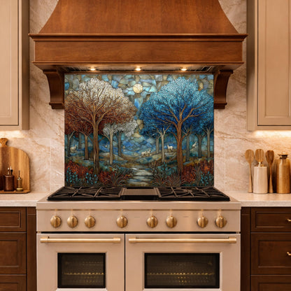 Stained Glass Forest Backsplash, Deer Mountain Landscape Kitchen Wall Art Panel