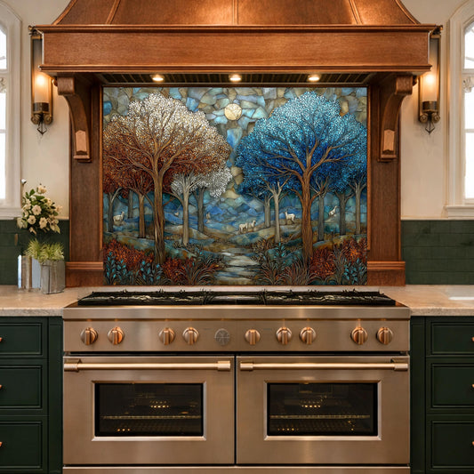 Stained Glass Forest Backsplash, Deer Mountain Landscape Kitchen Wall Art Panel