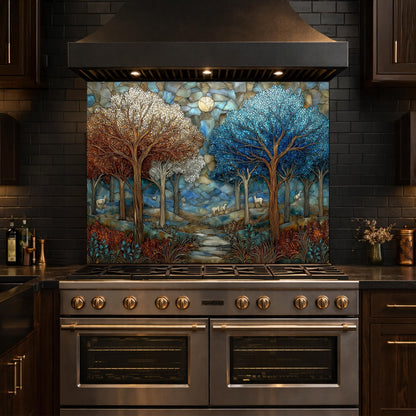 Stained Glass Forest Backsplash, Deer Mountain Landscape Kitchen Wall Art Panel