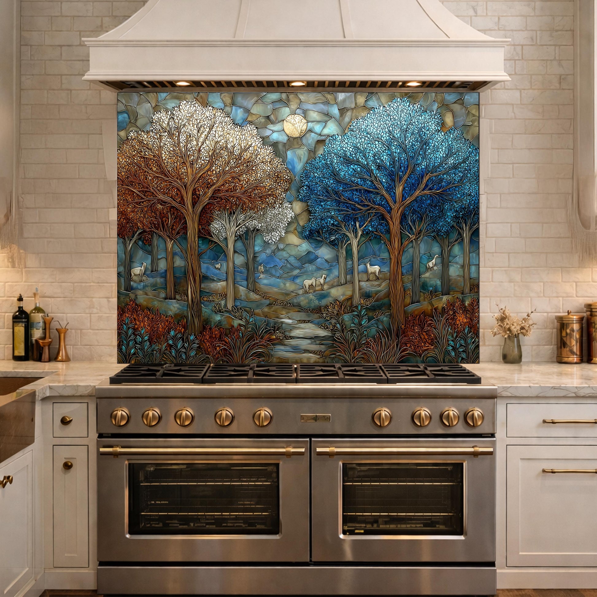 Stained Glass Forest Backsplash, Deer Mountain Landscape Kitchen Wall Art Panel