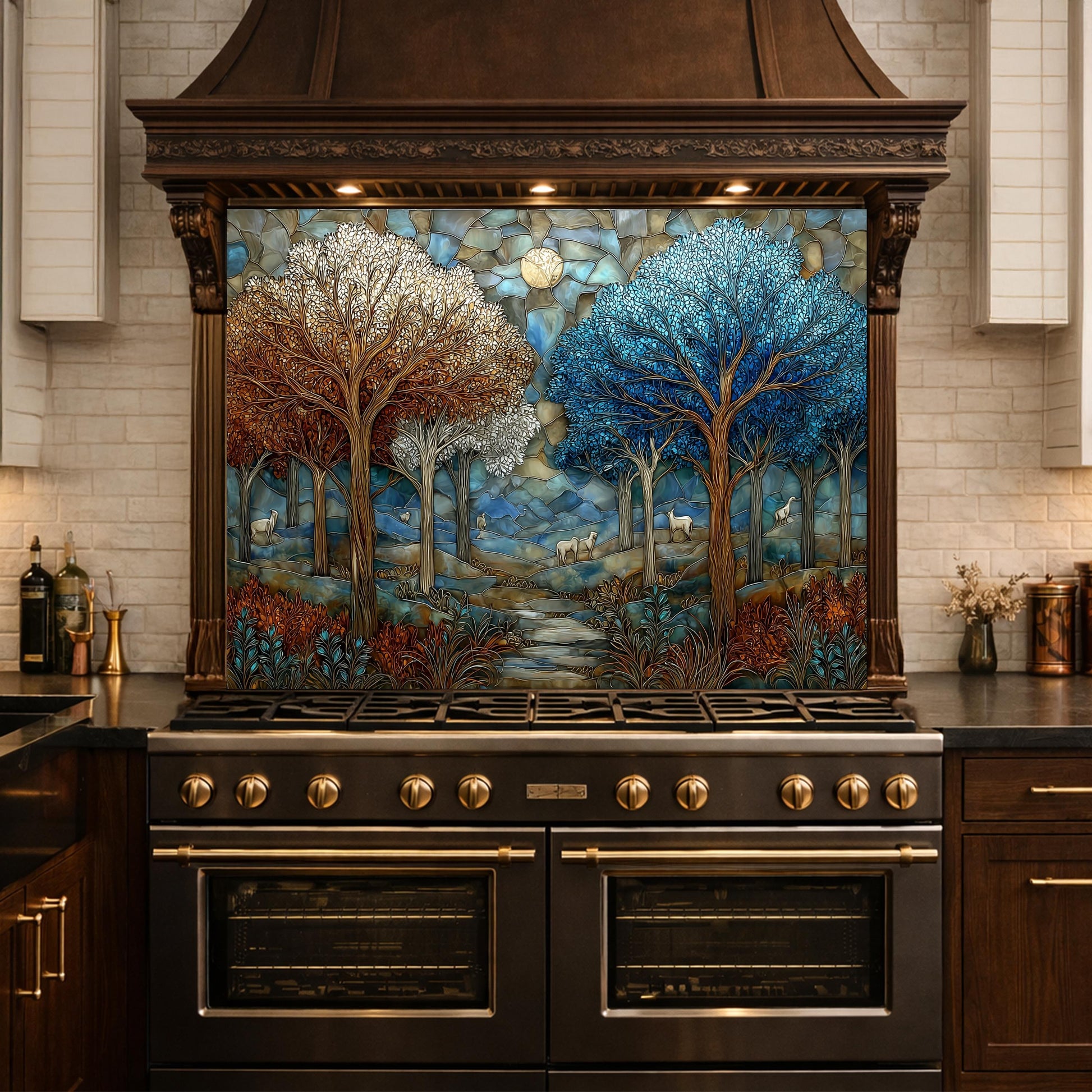 Stained Glass Forest Backsplash, Deer Mountain Landscape Kitchen Wall Art Panel