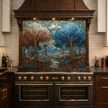 Stained Glass Forest Backsplash, Deer Mountain Landscape Kitchen Wall Art Panel