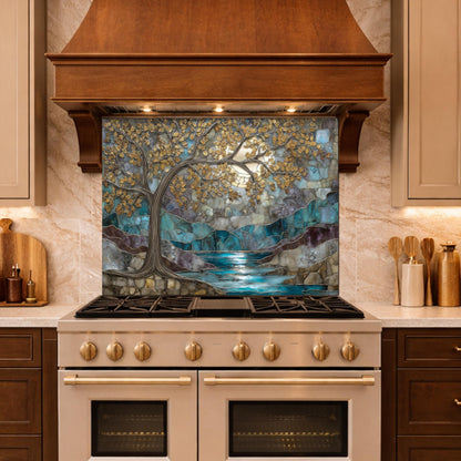 Tree of Life Glass Backsplash, Teal Gold Stained Glass Kitchen Wall Art Panel