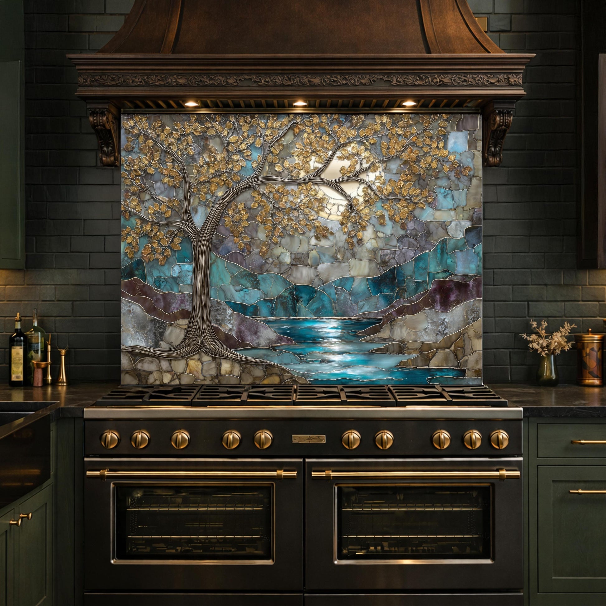 Tree of Life Glass Backsplash, Teal Gold Stained Glass Kitchen Wall Art Panel