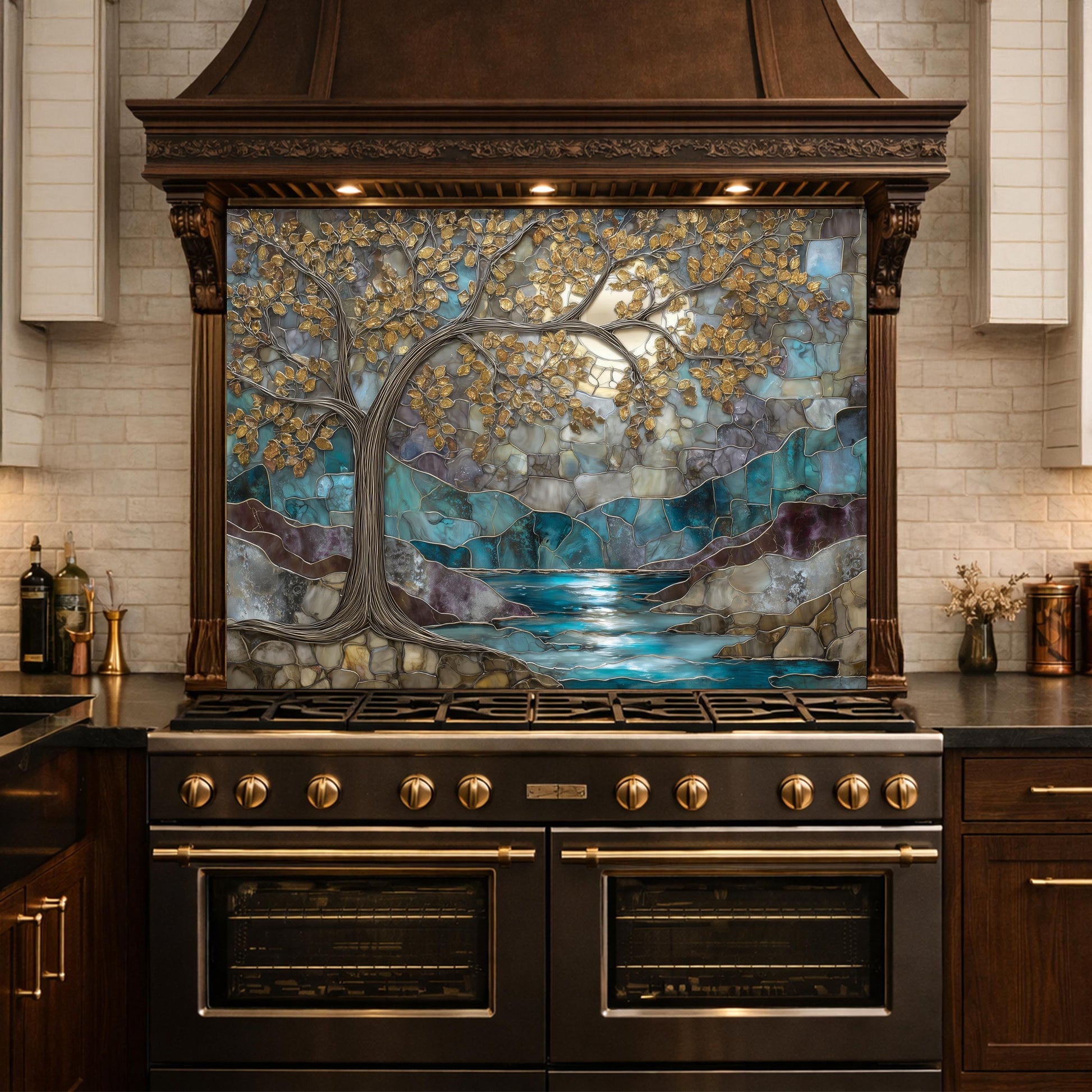 Tree of Life Glass Backsplash, Teal Gold Stained Glass Kitchen Wall Art Panel