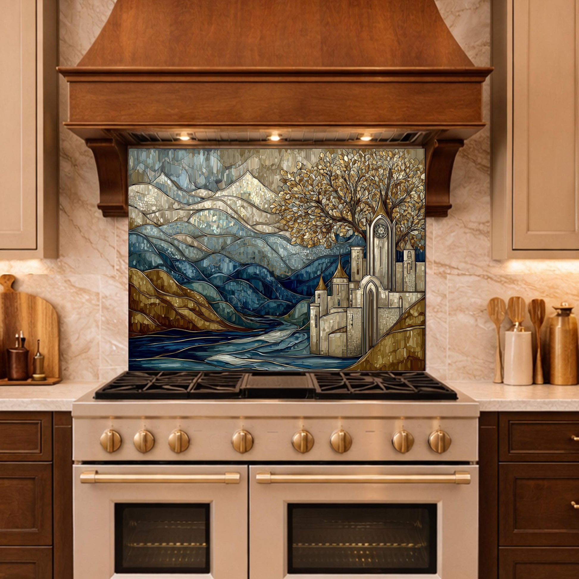 Castle Glass Backsplash, Stained Glass Mountain Landscape Kitchen Wall Art Panel