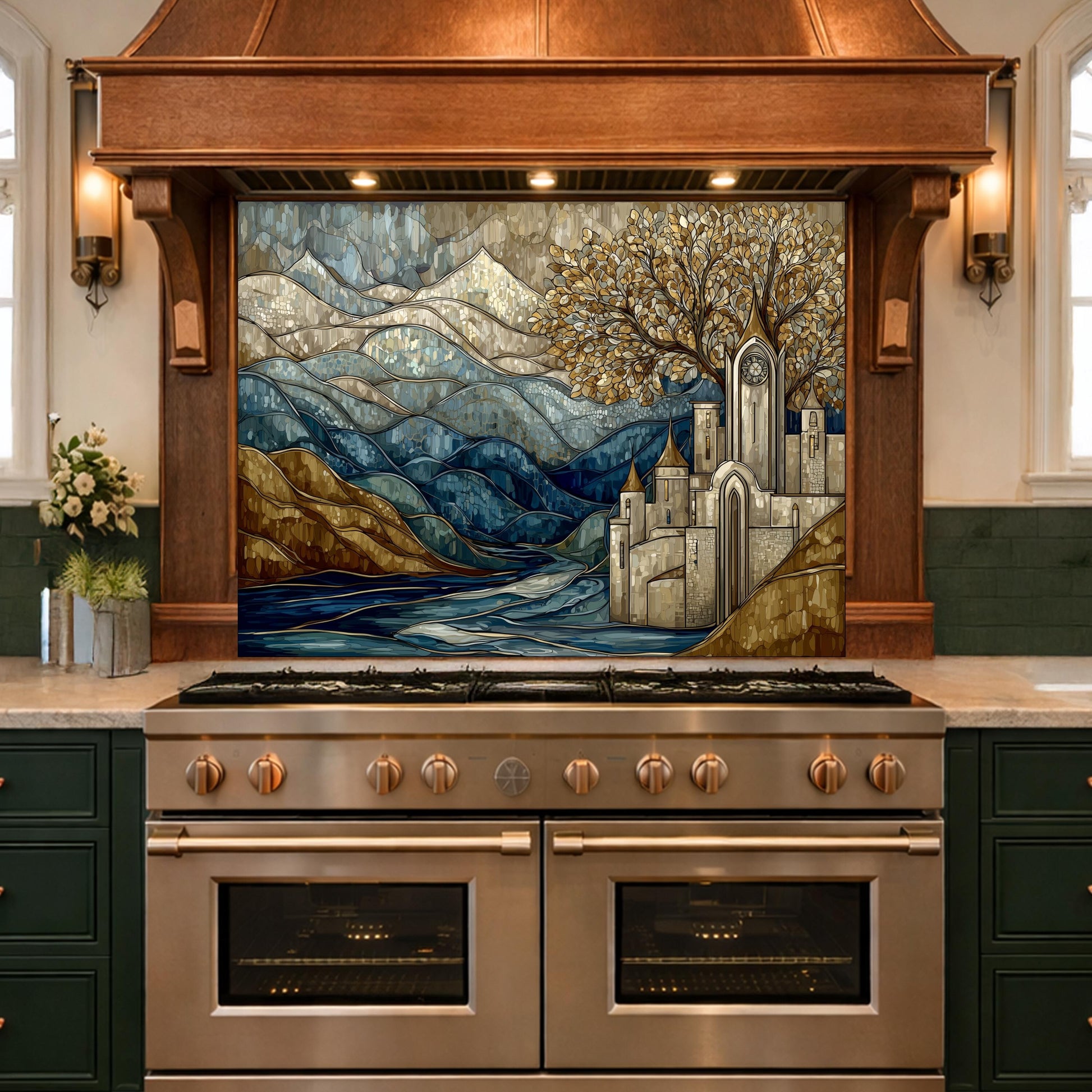 Castle Glass Backsplash, Stained Glass Mountain Landscape Kitchen Wall Art Panel