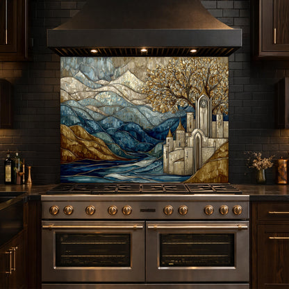 Castle Glass Backsplash, Stained Glass Mountain Landscape Kitchen Wall Art Panel