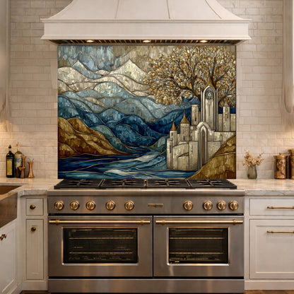 Castle Glass Backsplash, Stained Glass Mountain Landscape Kitchen Wall Art Panel