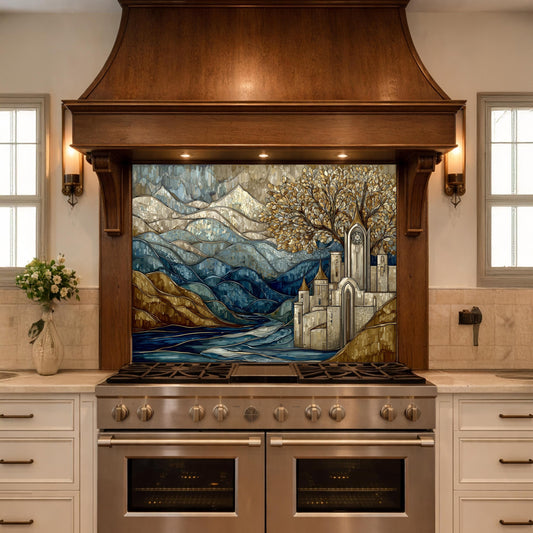 Castle Glass Backsplash, Stained Glass Mountain Landscape Kitchen Wall Art Panel