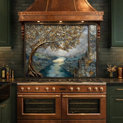 Gold Tree Cityscape Glass Backsplash, Luxury River View Kitchen Wall Art Panel