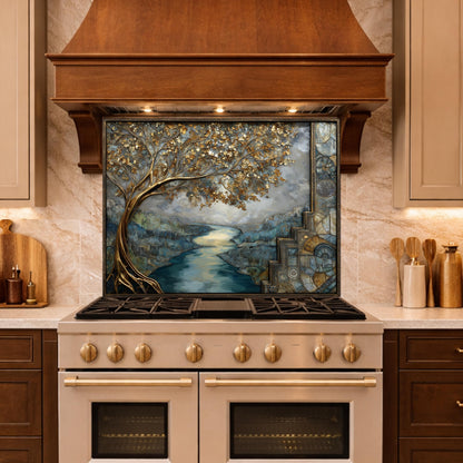 Gold Tree Cityscape Glass Backsplash, Luxury River View Kitchen Wall Art Panel