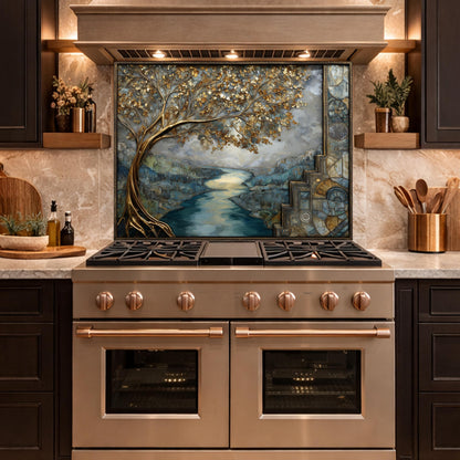 Gold Tree Cityscape Glass Backsplash, Luxury River View Kitchen Wall Art Panel