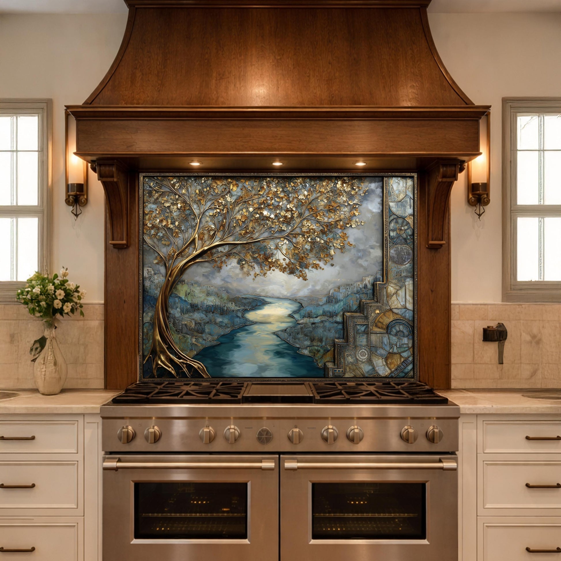 Gold Tree Cityscape Glass Backsplash, Luxury River View Kitchen Wall Art Panel