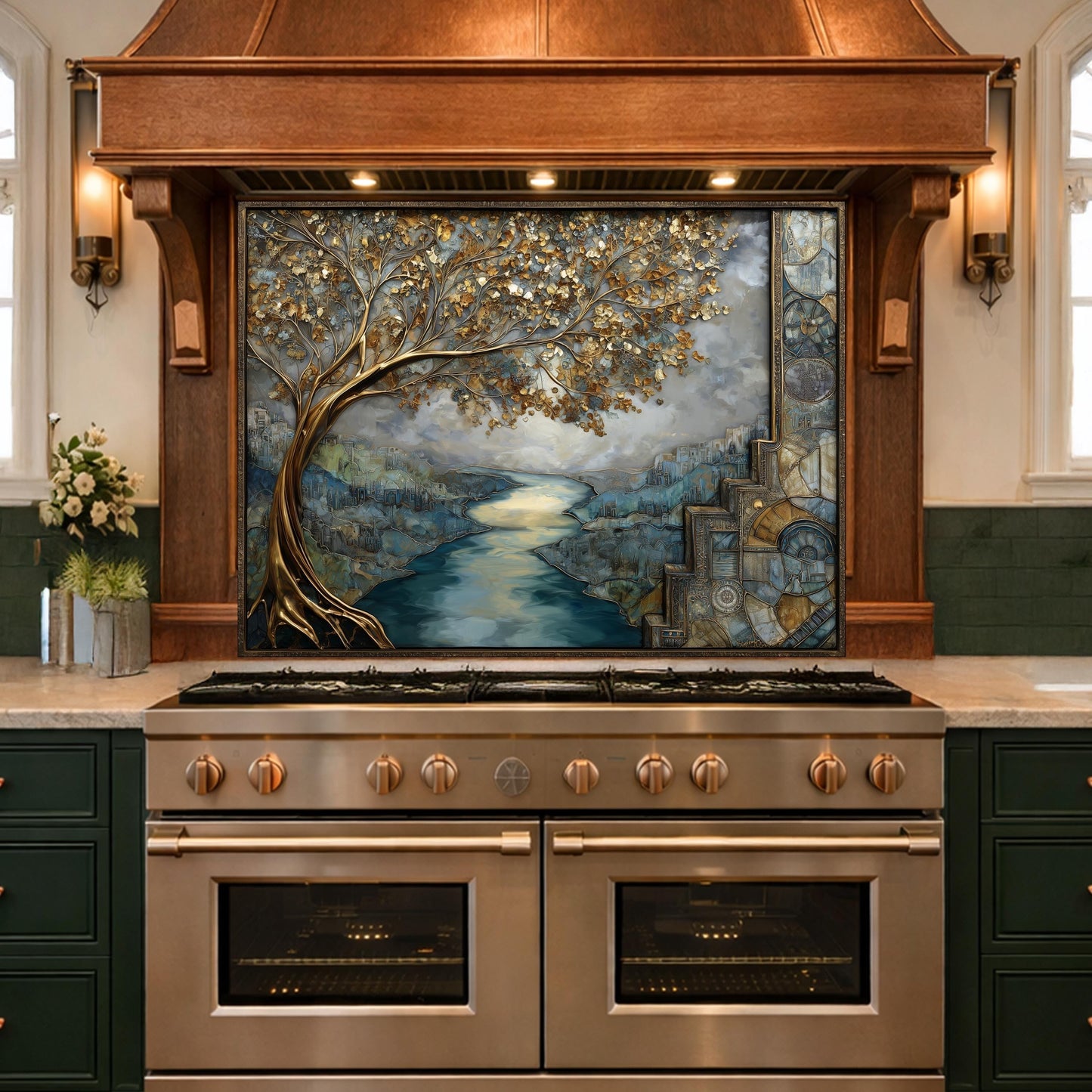 Gold Tree Cityscape Glass Backsplash, Luxury River View Kitchen Wall Art Panel
