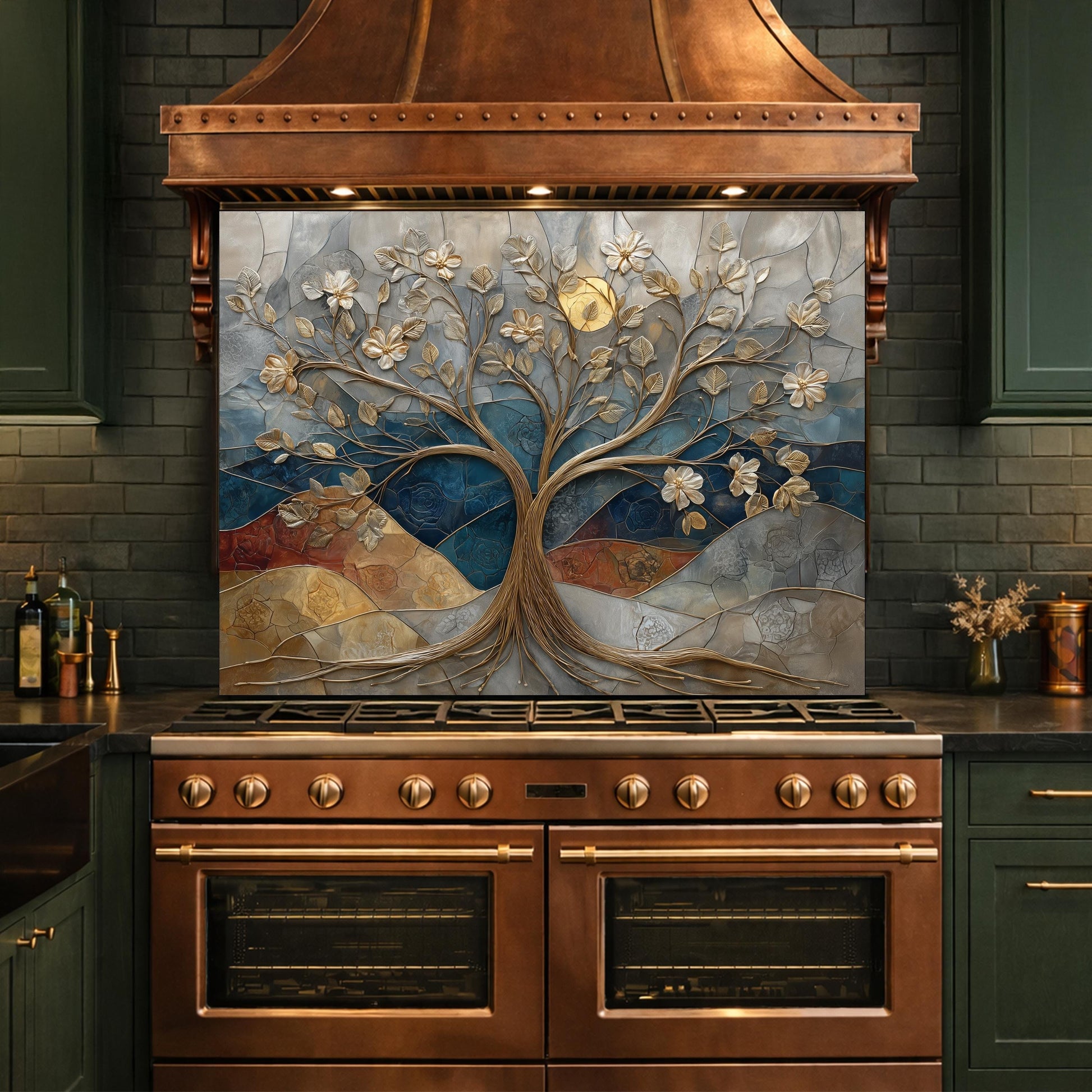 Floral Tree Glass Backsplash, Gold Botanical Kitchen Wall Art Panel Decor