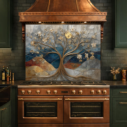 Floral Tree Glass Backsplash, Gold Botanical Kitchen Wall Art Panel Decor