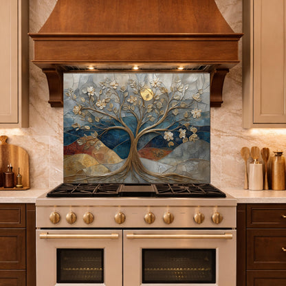 Floral Tree Glass Backsplash, Gold Botanical Kitchen Wall Art Panel Decor