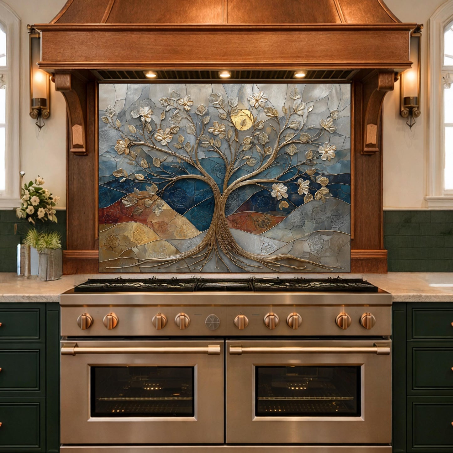 Floral Tree Glass Backsplash, Gold Botanical Kitchen Wall Art Panel Decor