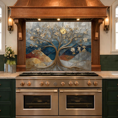 Floral Tree Glass Backsplash, Gold Botanical Kitchen Wall Art Panel Decor