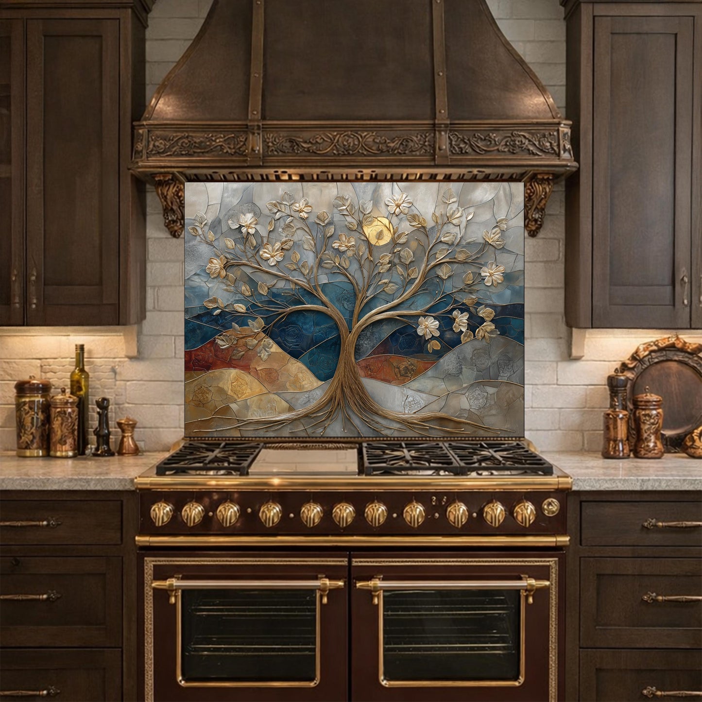 Floral Tree Glass Backsplash, Gold Botanical Kitchen Wall Art Panel Decor