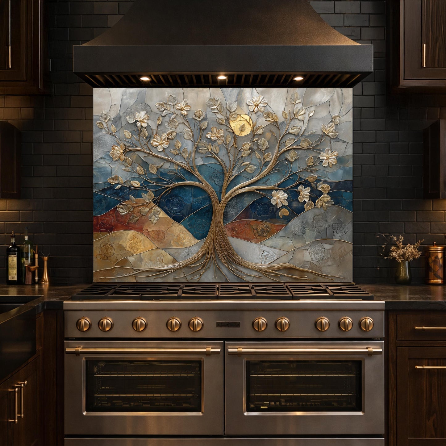 Floral Tree Glass Backsplash, Gold Botanical Kitchen Wall Art Panel Decor