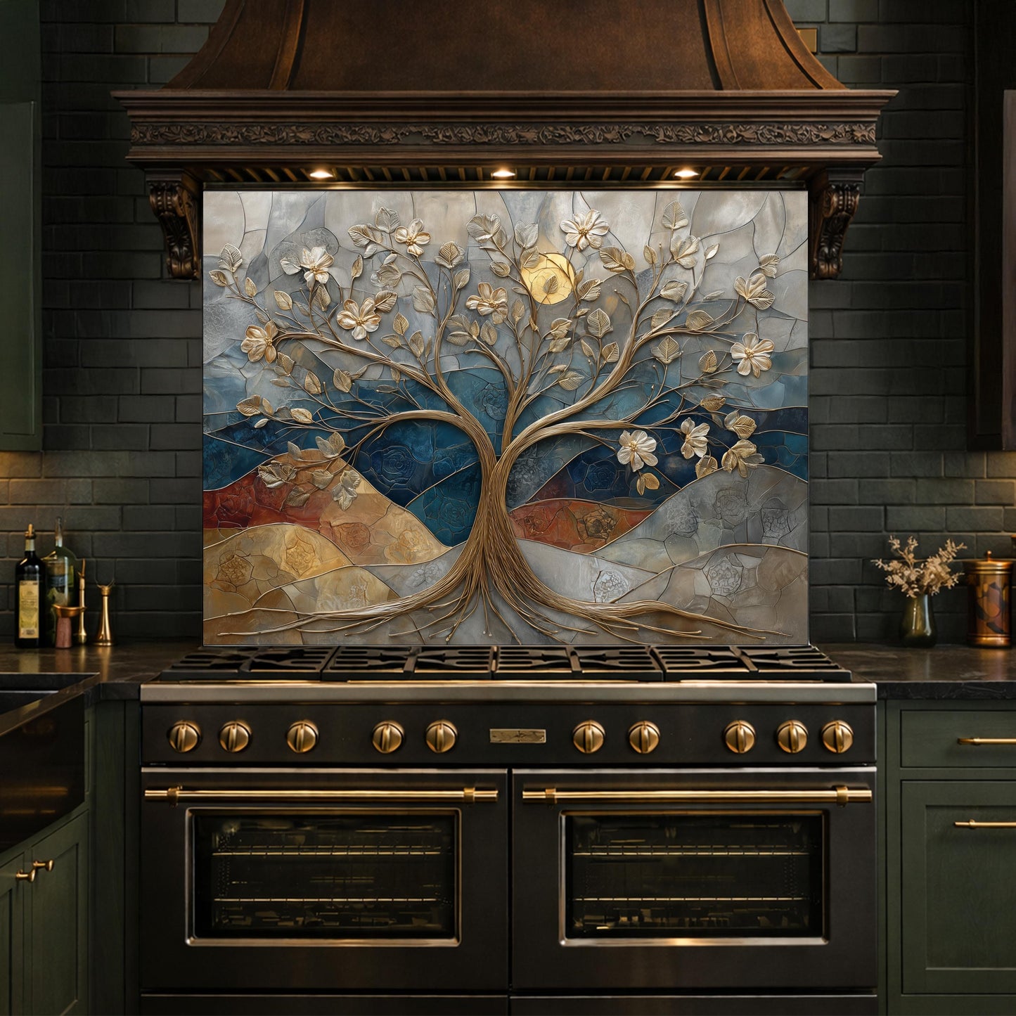 Floral Tree Glass Backsplash, Gold Botanical Kitchen Wall Art Panel Decor
