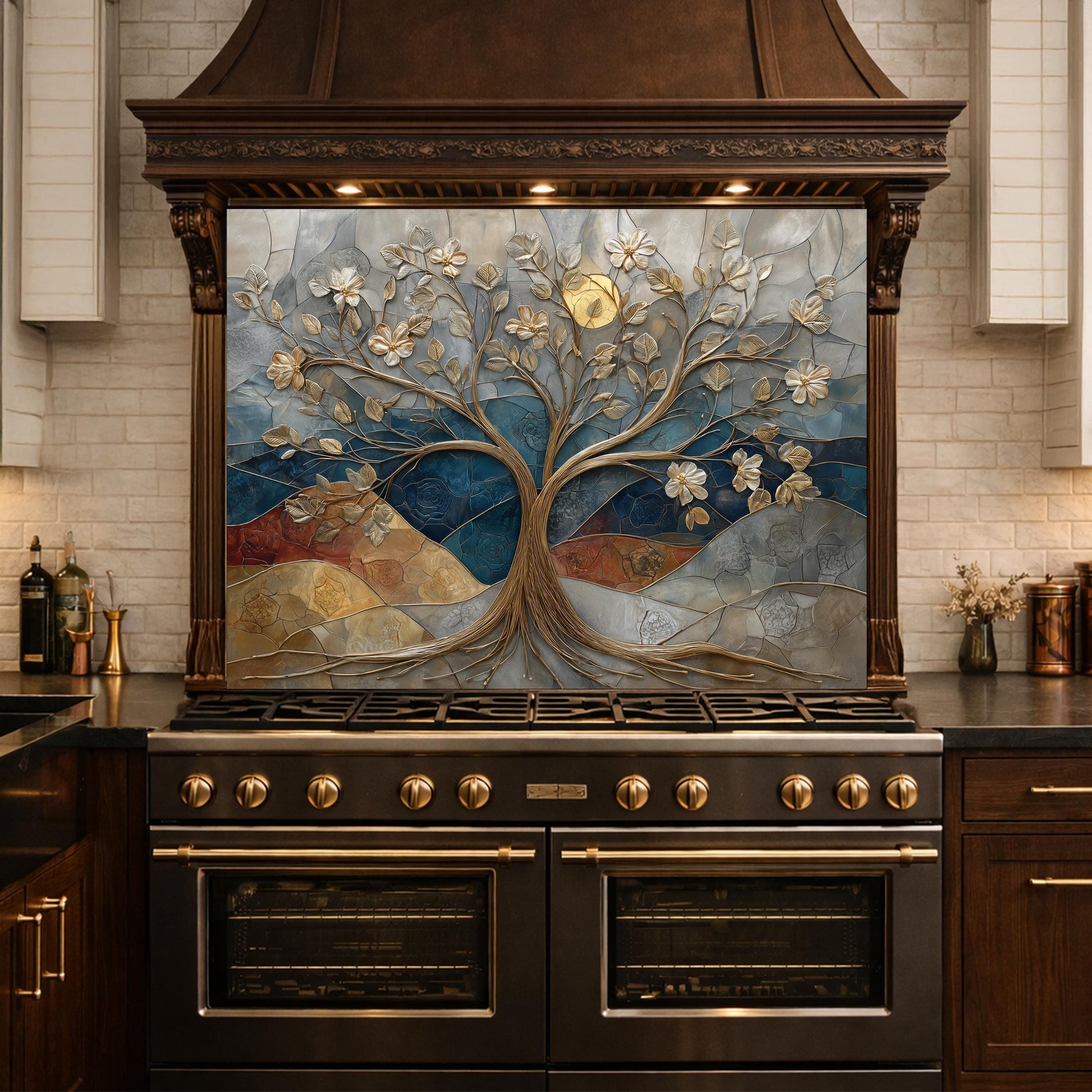Floral Tree Glass Backsplash, Gold Botanical Kitchen Wall Art Panel Decor