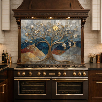 Floral Tree Glass Backsplash, Gold Botanical Kitchen Wall Art Panel Decor