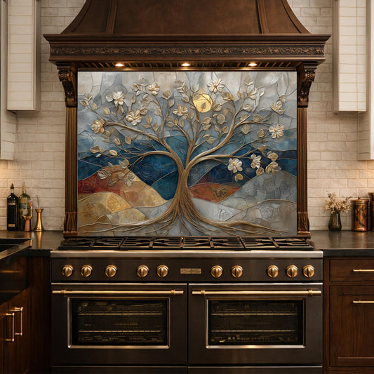 Floral Tree Glass Backsplash, Gold Botanical Kitchen Wall Art Panel Decor