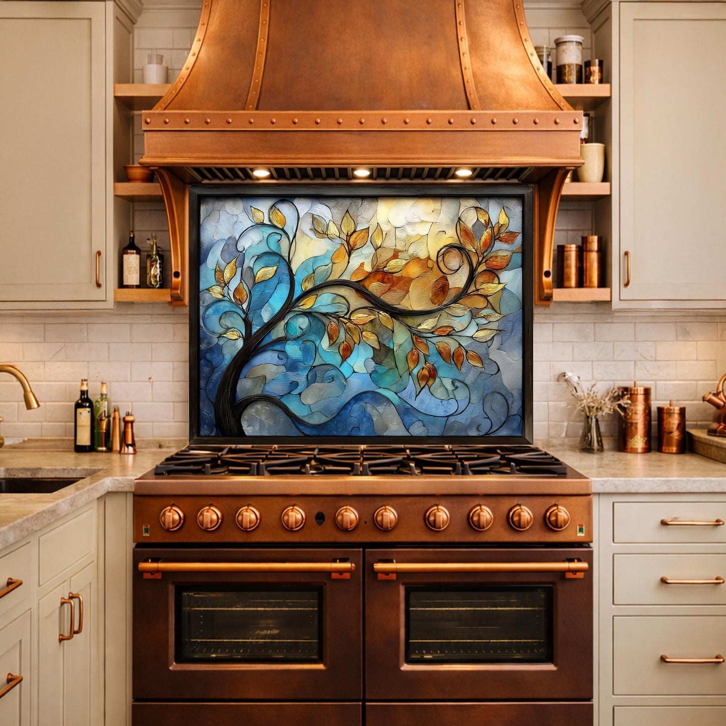 Abstract Tree Glass Backsplash, Blue Gold Floral Kitchen Panel, Modern Wall Art Decor