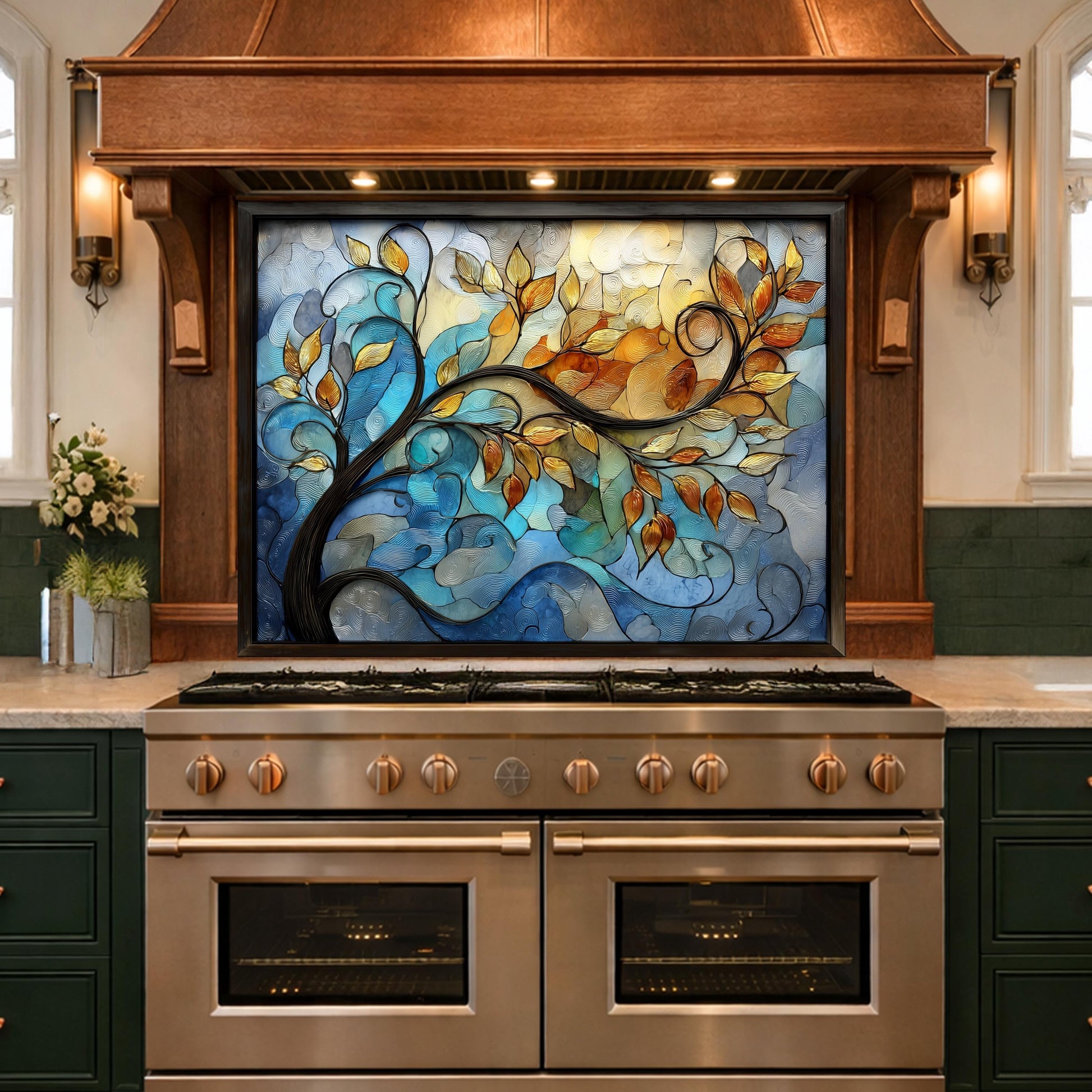 Abstract Tree Glass Backsplash, Blue Gold Floral Kitchen Panel, Modern Wall Art Decor