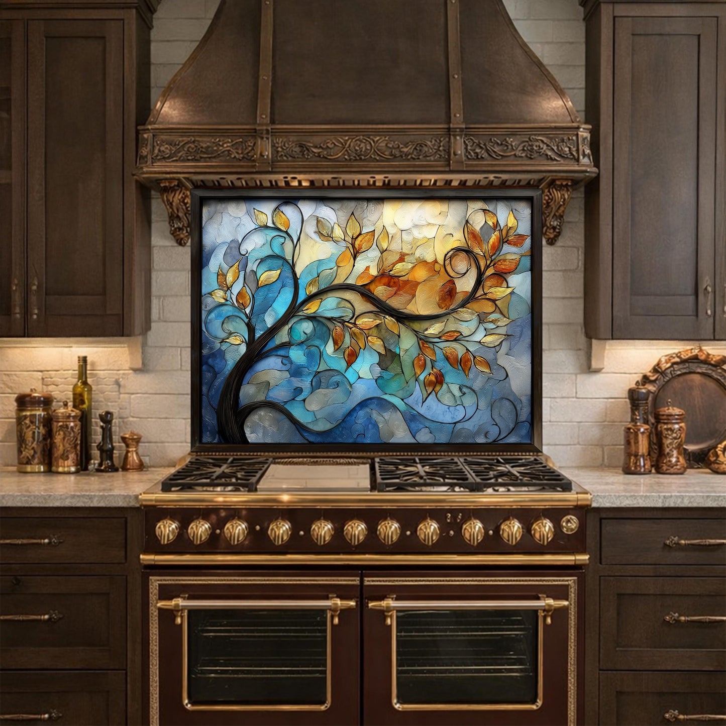 Abstract Tree Glass Backsplash, Blue Gold Floral Kitchen Panel, Modern Wall Art Decor