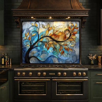 Abstract Tree Glass Backsplash, Blue Gold Floral Kitchen Panel, Modern Wall Art Decor