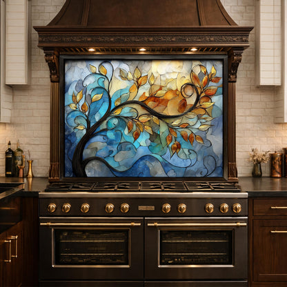 Abstract Tree Glass Backsplash, Blue Gold Floral Kitchen Panel, Modern Wall Art Decor
