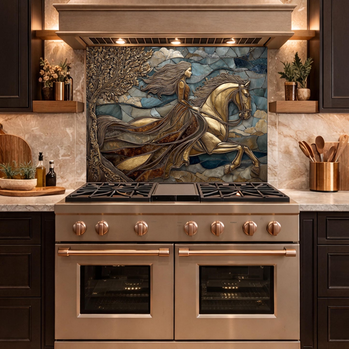 Horse Rider Glass Backsplash, Gold Equestrian Kitchen Wall Art Luxury Panel