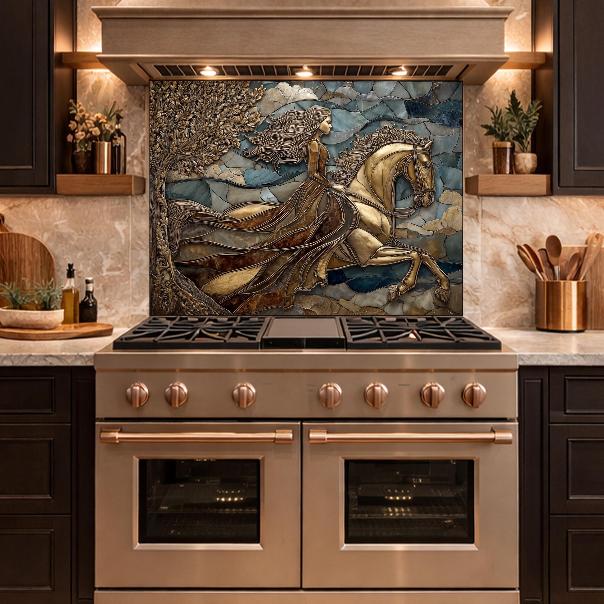 Horse Rider Glass Backsplash, Gold Equestrian Kitchen Wall Art Luxury Panel