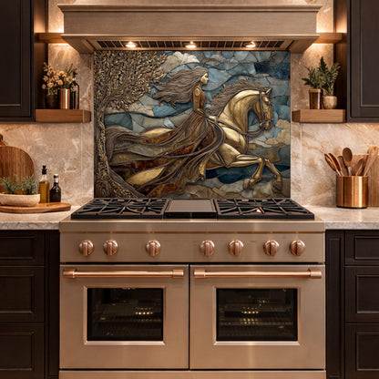 Horse Rider Glass Backsplash, Gold Equestrian Kitchen Wall Art Luxury Panel