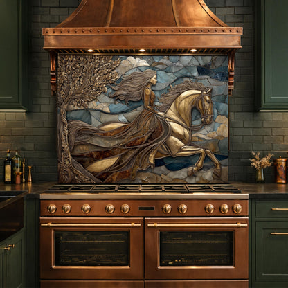 Horse Rider Glass Backsplash, Gold Equestrian Kitchen Wall Art Luxury Panel