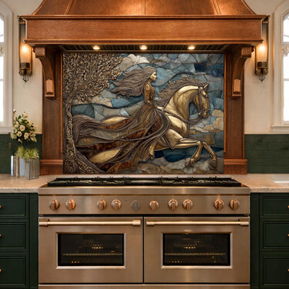 Horse Rider Glass Backsplash, Gold Equestrian Kitchen Wall Art Luxury Panel