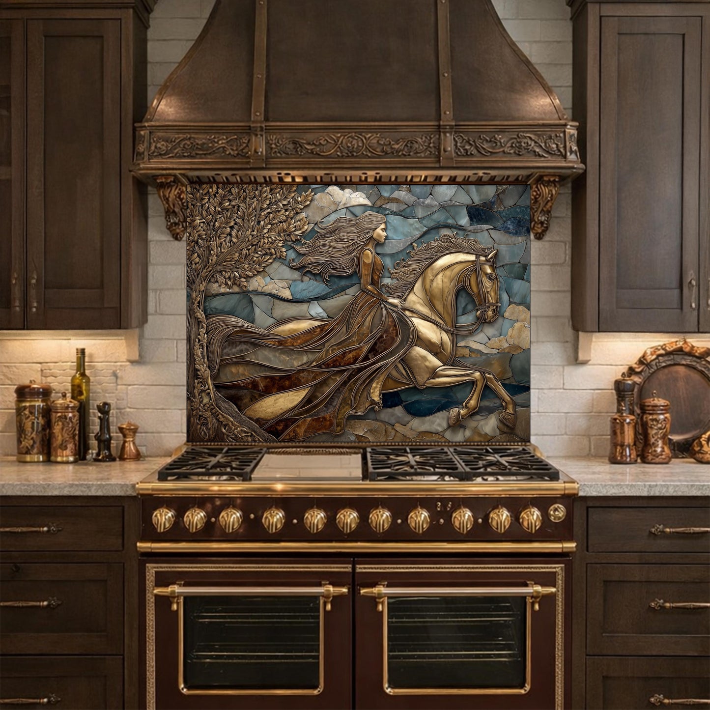 Golden Horse Glass Backsplash, Blue Mosaic Art Nouveau Kitchen Wall Panel