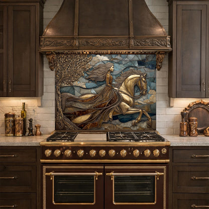 Horse Rider Glass Backsplash, Gold Equestrian Kitchen Wall Art Luxury Panel