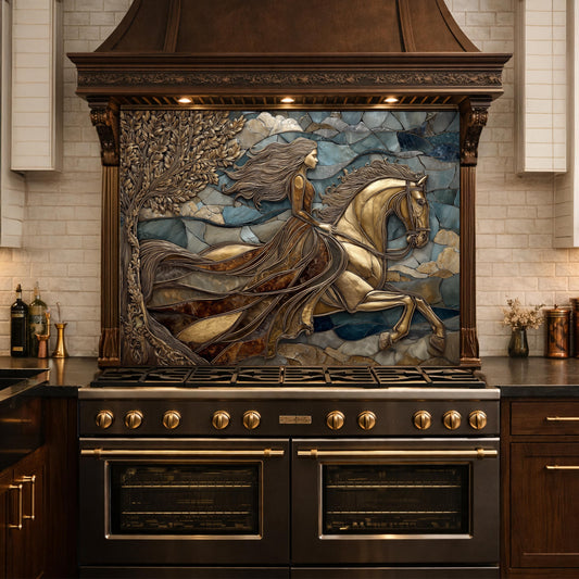 Horse Rider Glass Backsplash, Gold Equestrian Kitchen Wall Art Luxury Panel