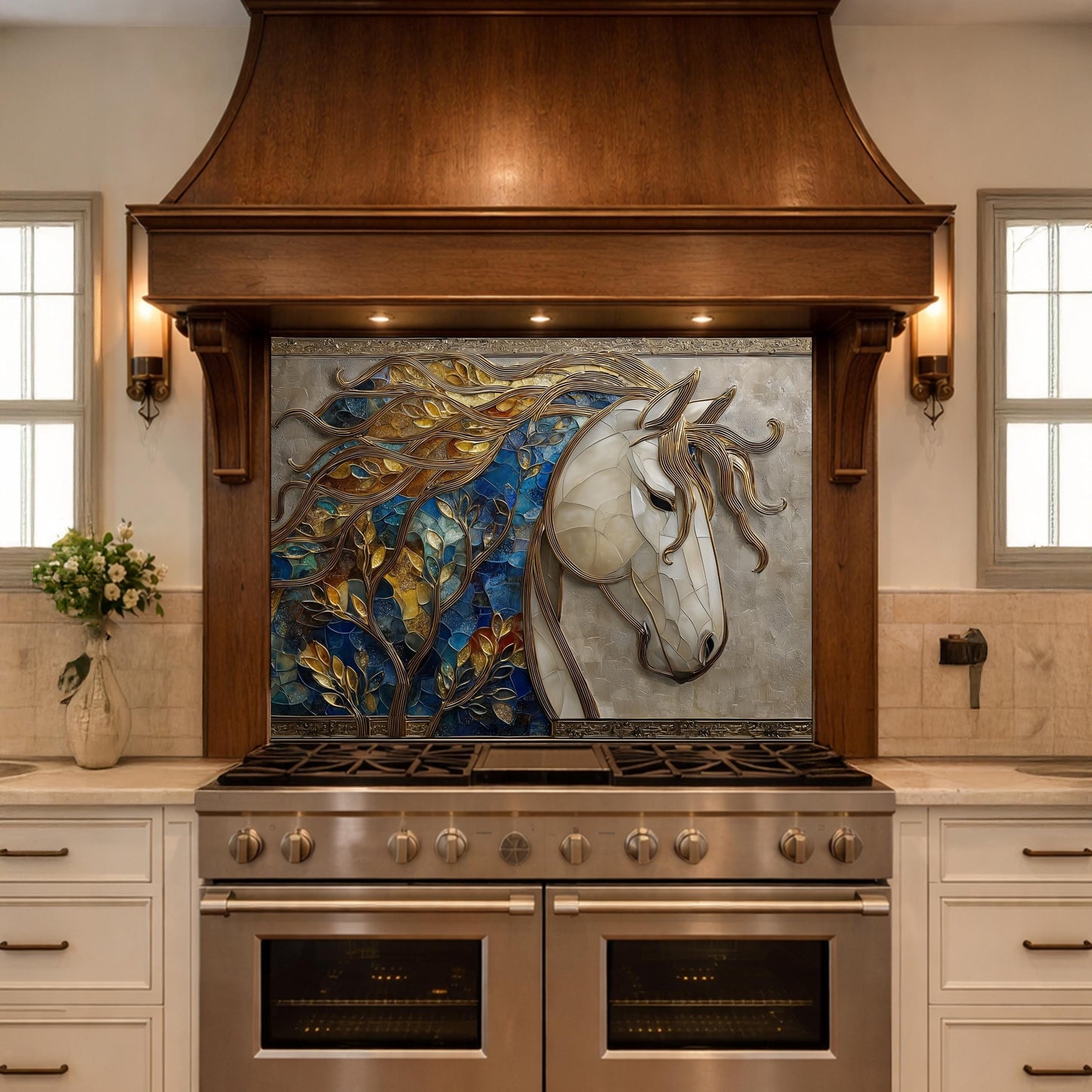 Golden Horse Glass Backsplash, Blue Mosaic Art Nouveau Kitchen Wall Panel
