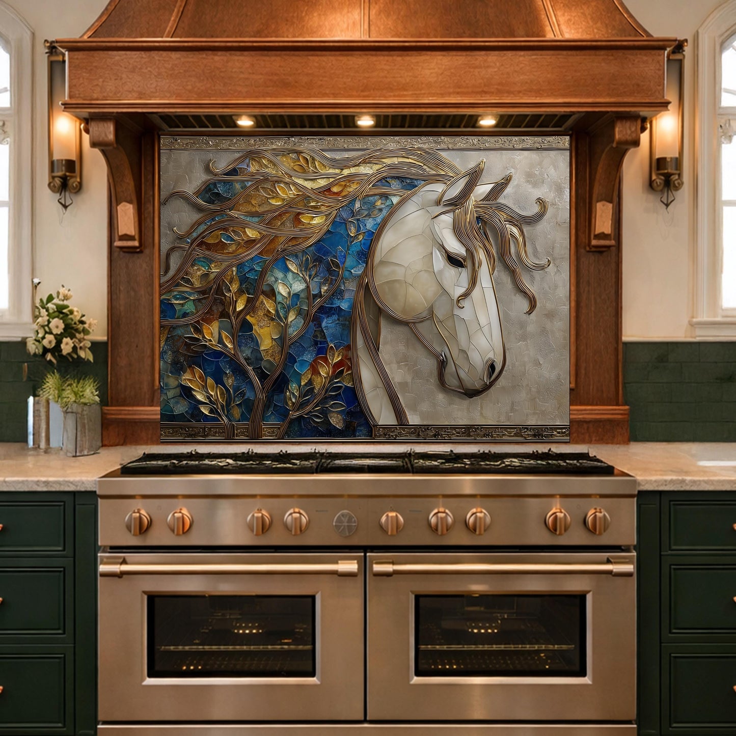 Golden Horse Glass Backsplash, Blue Mosaic Art Nouveau Kitchen Wall Panel