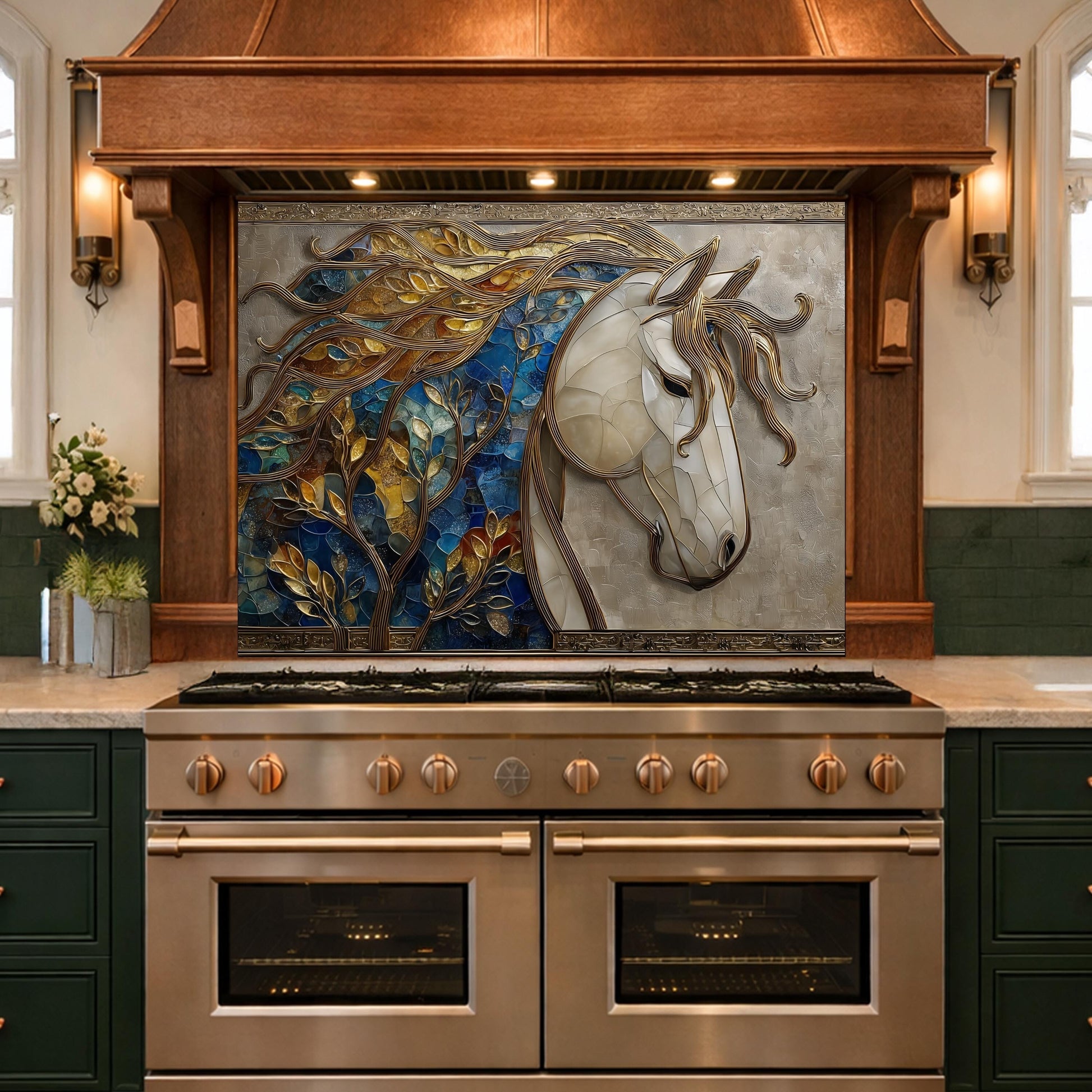 Golden Horse Glass Backsplash, Blue Mosaic Art Nouveau Kitchen Wall Panel