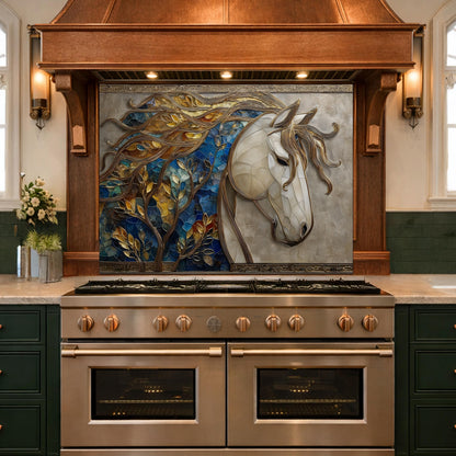 Golden Horse Glass Backsplash, Blue Mosaic Art Nouveau Kitchen Wall Panel
