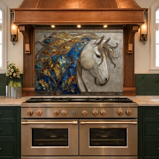 Golden Horse Glass Backsplash, Blue Mosaic Art Nouveau Kitchen Wall Panel