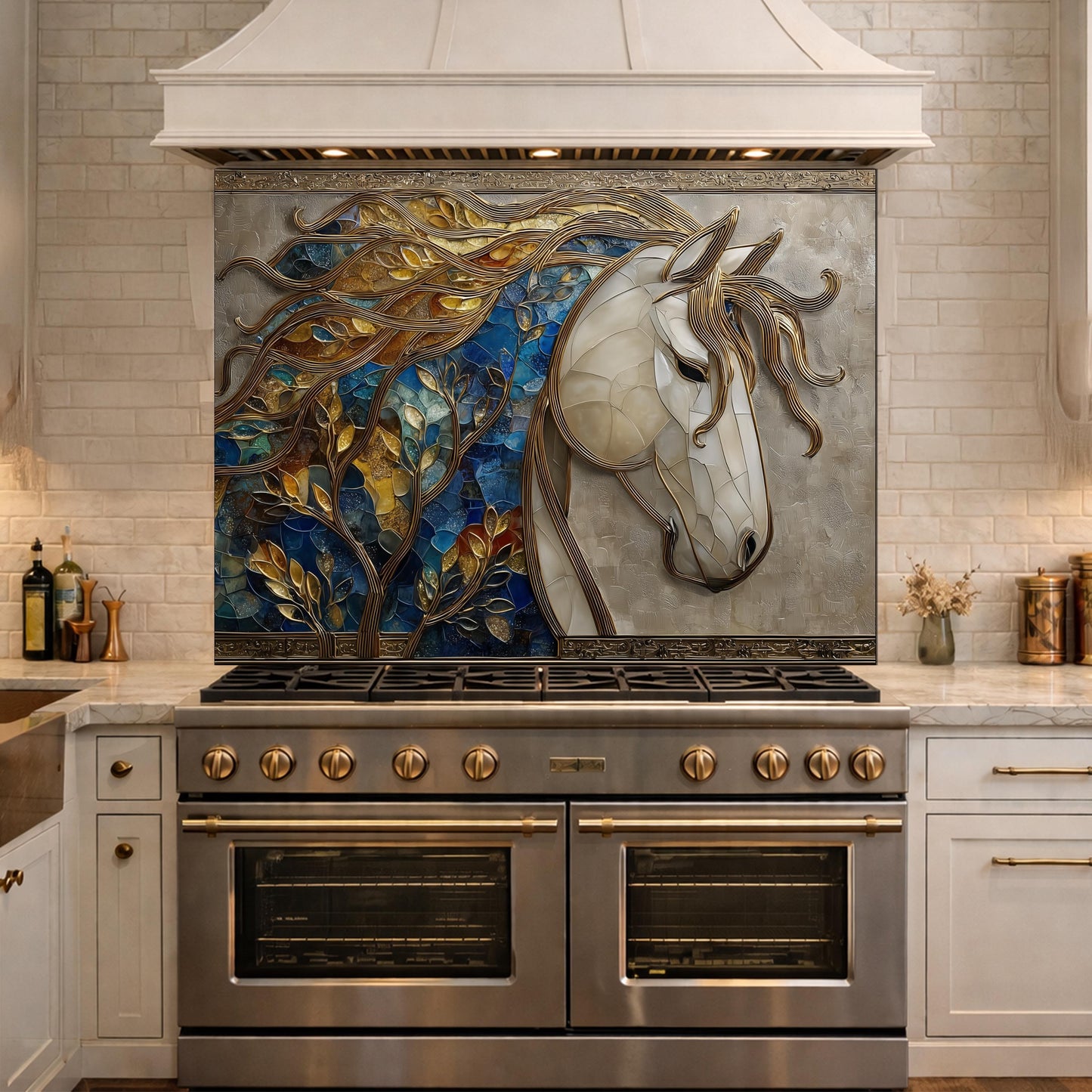Golden Horse Glass Backsplash, Blue Mosaic Art Nouveau Kitchen Wall Panel